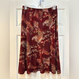M&S Jacquard Print Midi Skater Skirt Pull On Maroon Burnout Velvet Women Sz 12